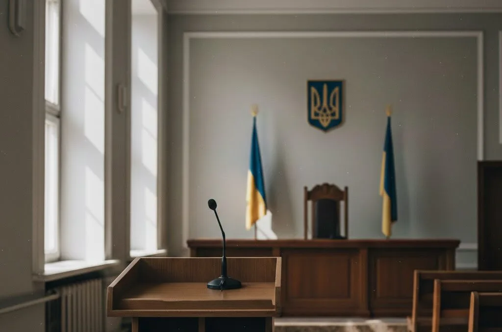 Зала українського суду з трибуною та прапорами