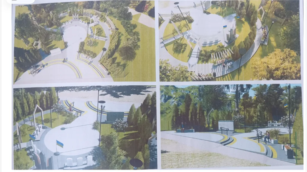 Проєкт сучасного меморіального парку з українськими прапорами