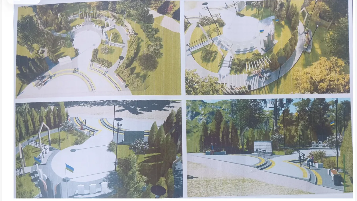 Проєкт сучасного меморіального парку з українськими прапорами