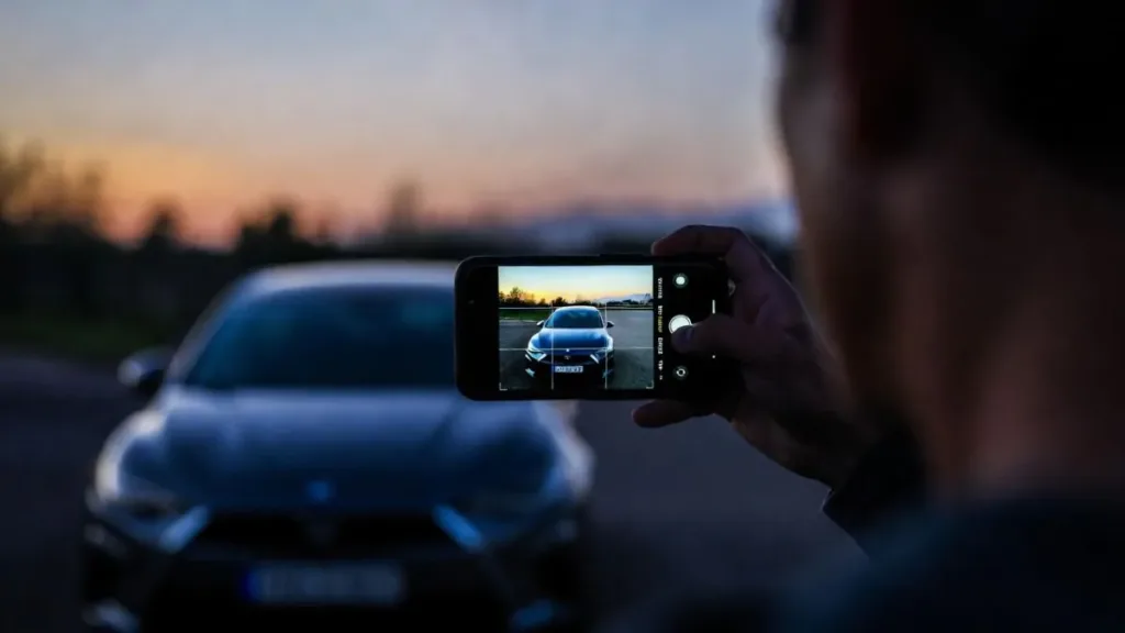 Людина фотографує автомобіль смартфоном на заході сонця