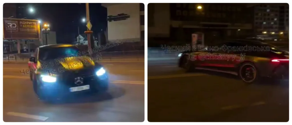 Чорний Mercedes їде нічним містом Івано-Франківськ