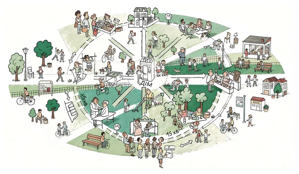 Ілюстрація концепції міста п’ятнадцяти хвилин