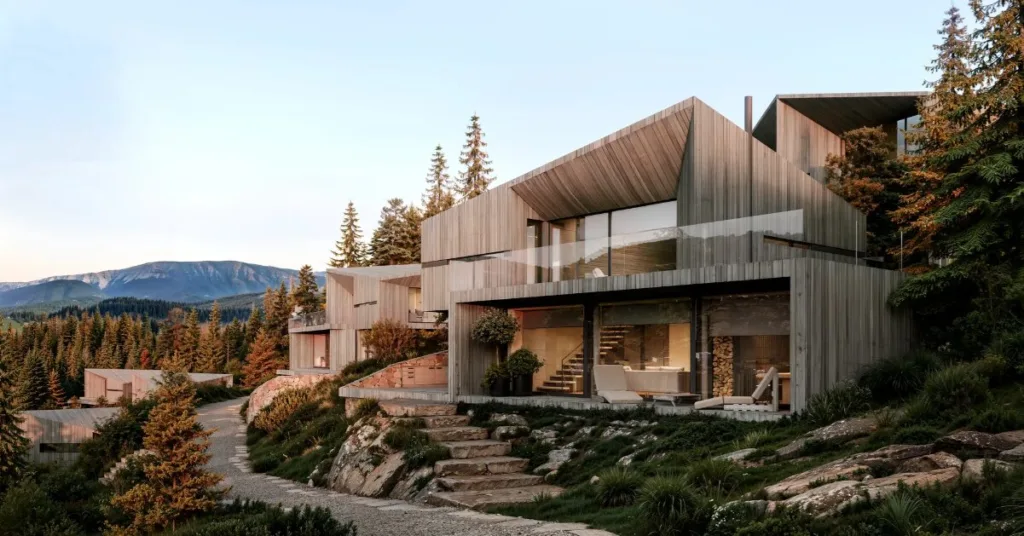Сучасний дерев'яний будинок у горах серед природи
