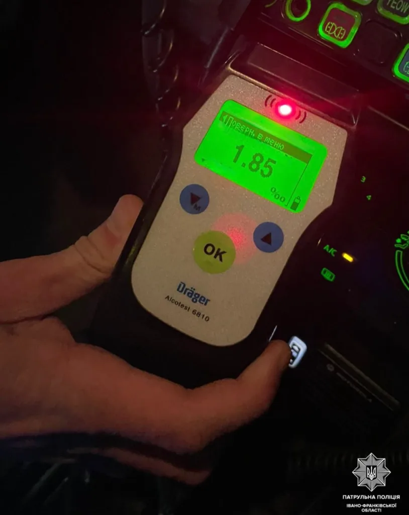 Алкотестер показує рівень алкоголю 1.85 проміле