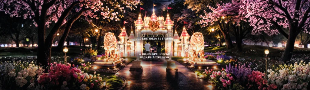 Світловий парк з замком у весняному саду