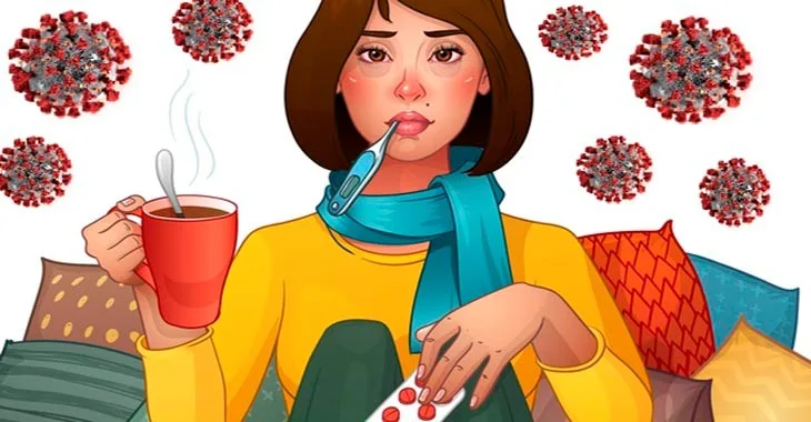 Хвора жінка з температурою та симптомами застуди