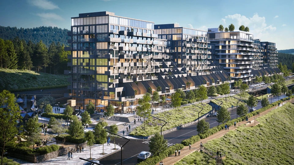 Сучасний житловий комплекс серед зелених пагорбів