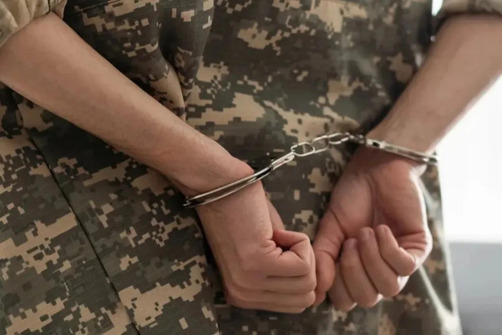 Військовий у кайданках тримає руки позаду