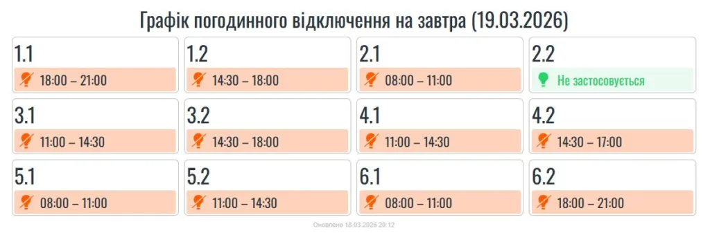 Графік погодинного відключення електроенергії 19 березня 2026