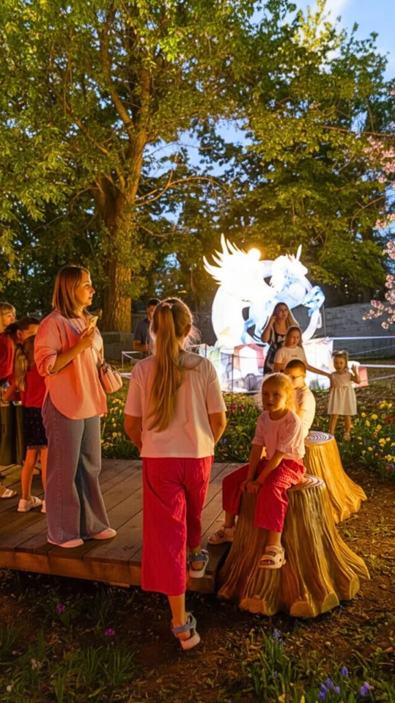 Діти та дорослі біля світлової скульптури єдинорога