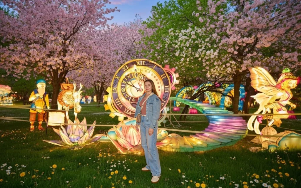 Жінка серед весняних ліхтарів і цвітіння сакури