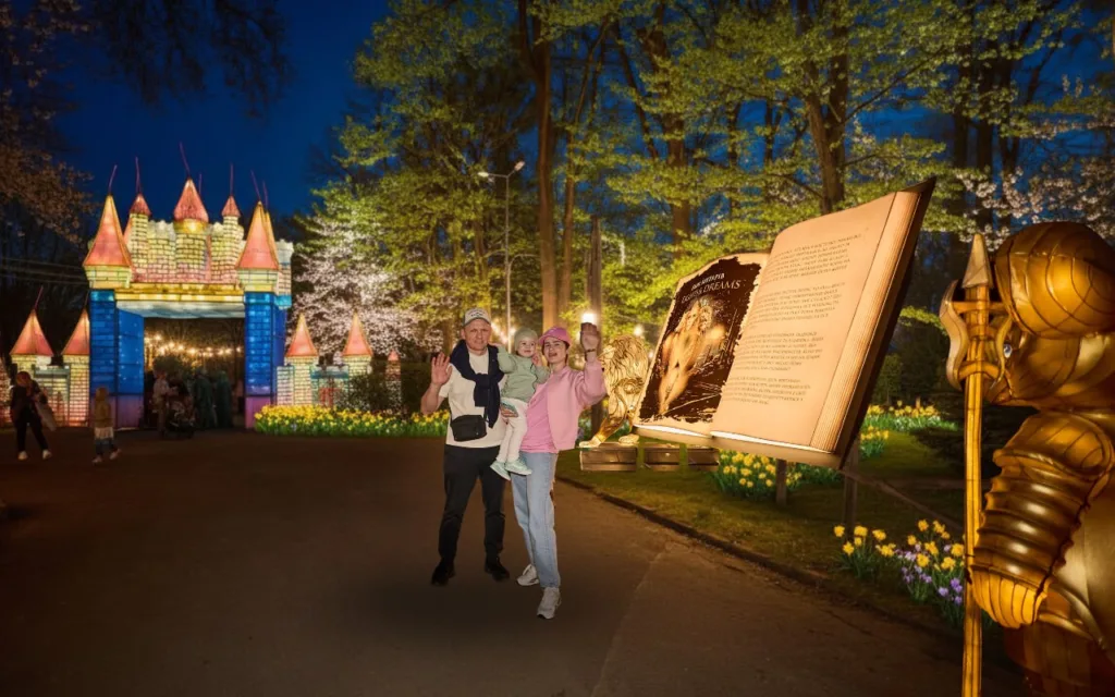 Сім'я біля казкового замку ввечері