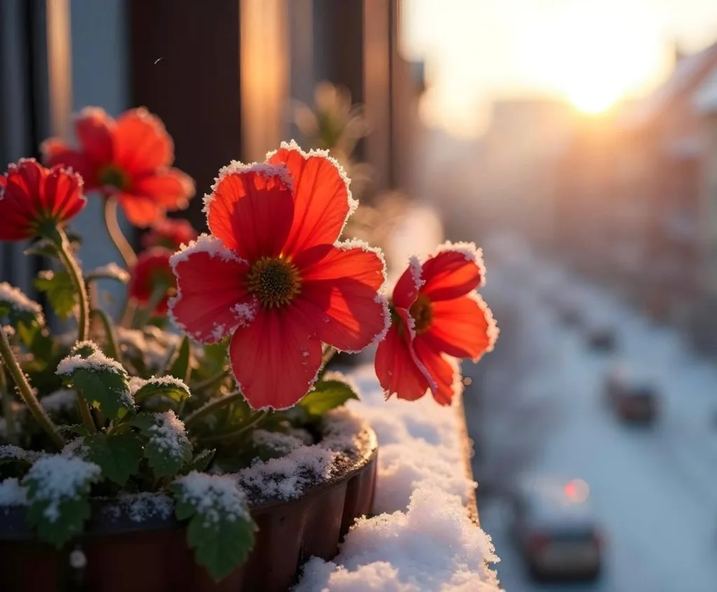 Червоні квіти з інеєм на балконі взимку