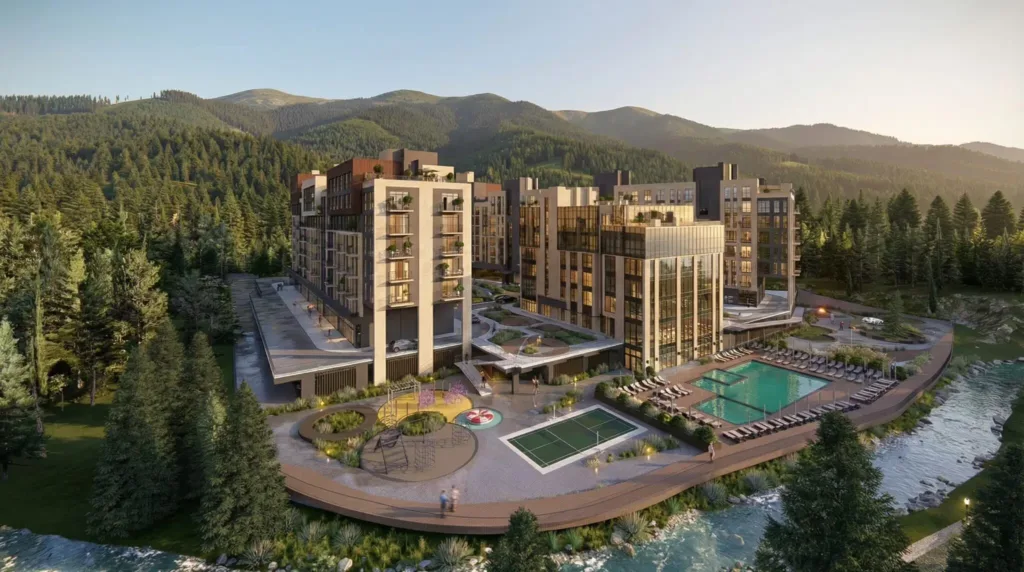 Сучасний житловий комплекс у горах біля річки