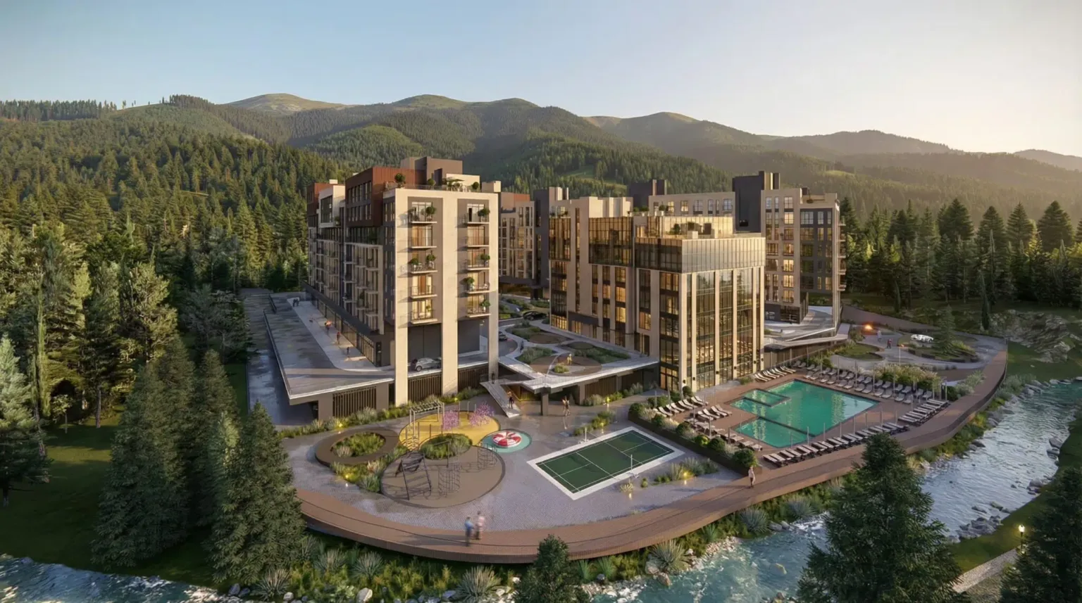 Сучасний житловий комплекс у горах біля річки