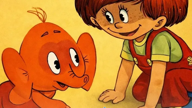 Дівчинка розмовляє з мультяшним помаранчевим слоненям