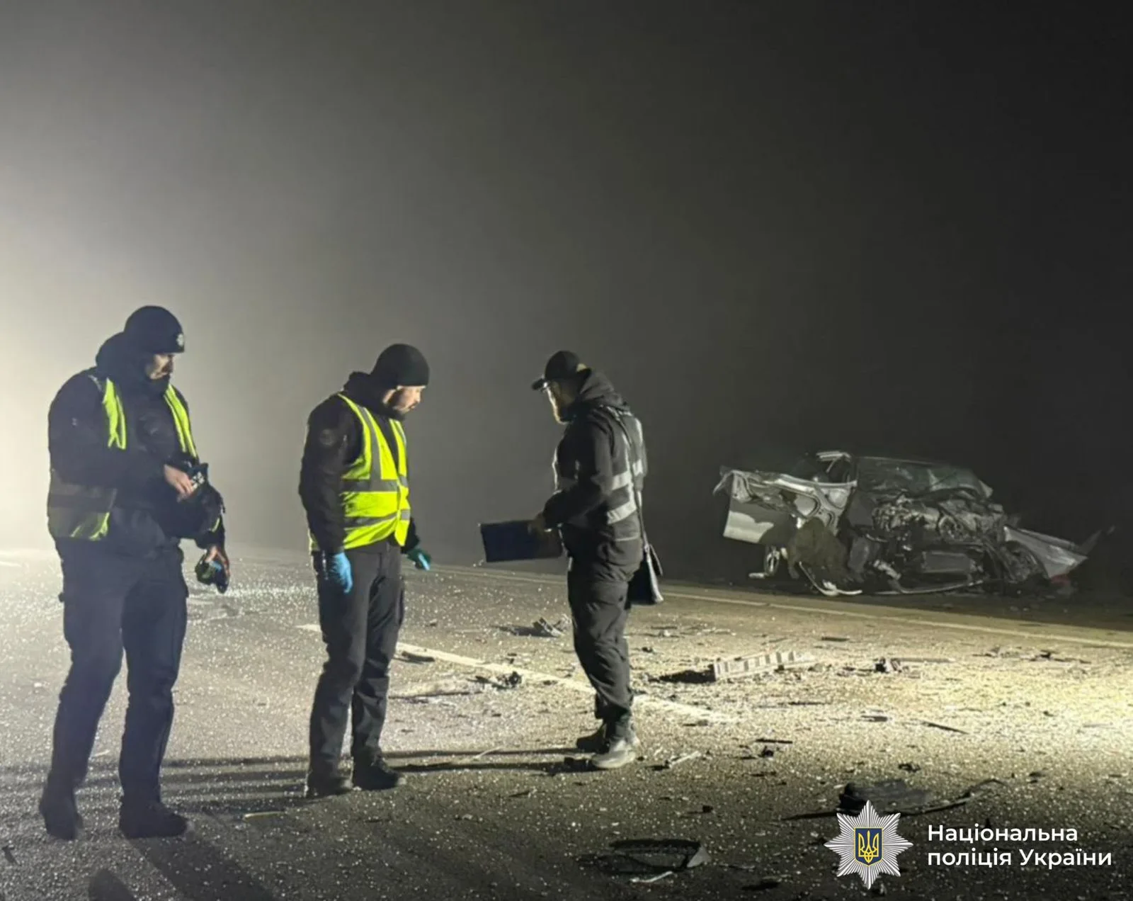 Поліцейські оглядають місце ДТП вночі