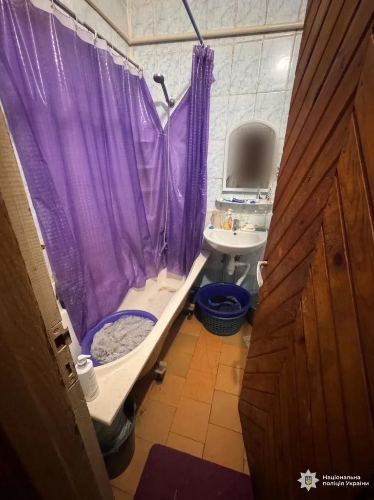 Ванна кімната з фіолетовою шторкою та умивальником