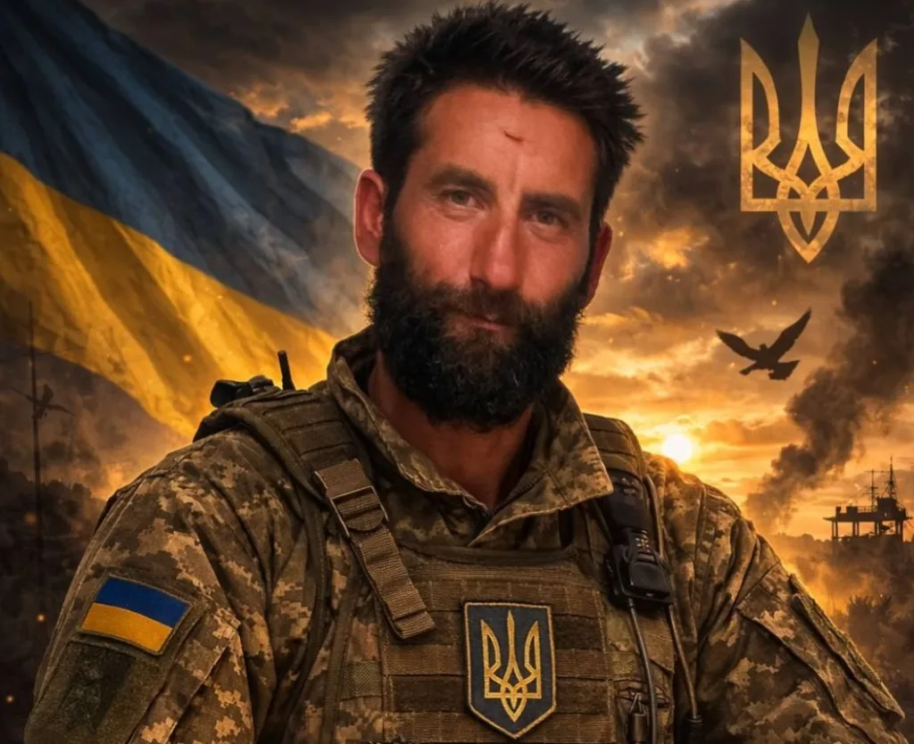 Український військовий на тлі прапора України