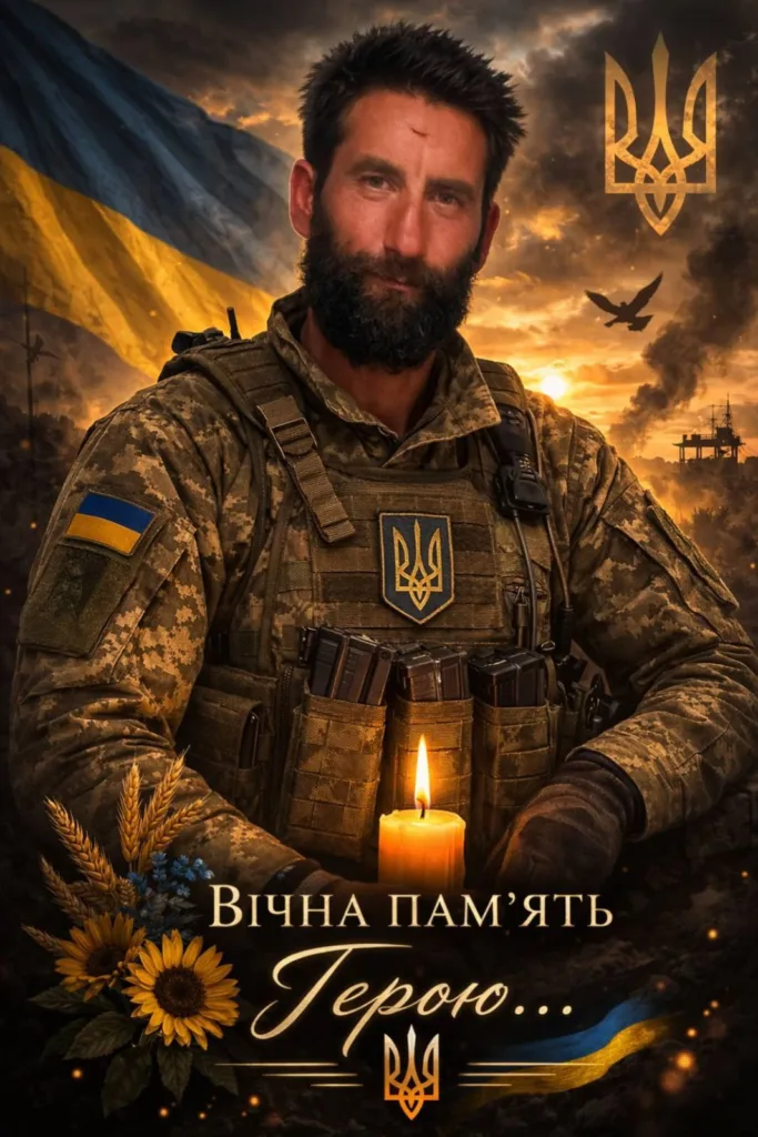 Український військовий із прапором та свічкою пам’яті