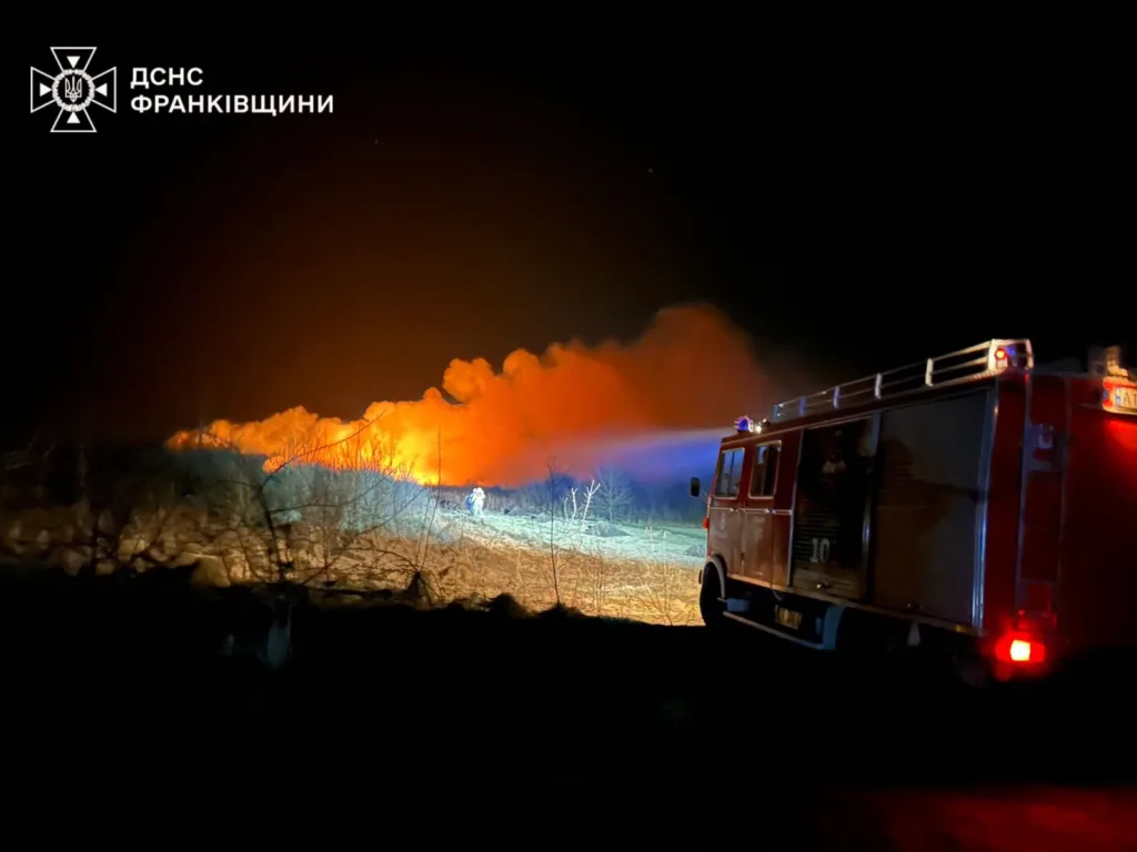 Пожежники гасять вогонь уночі в полі