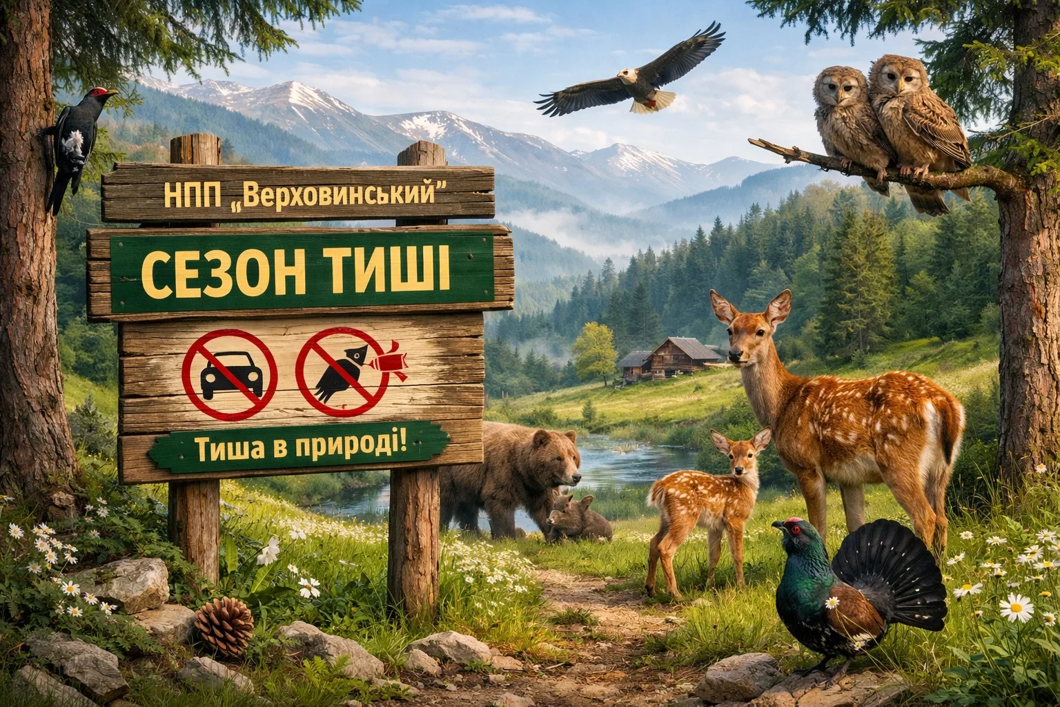 Тварини в Карпатах біля знаку сезон тиші