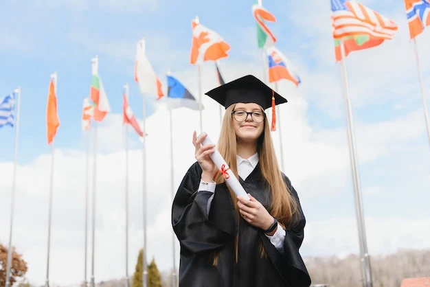 Випускниця тримає диплом перед прапорами