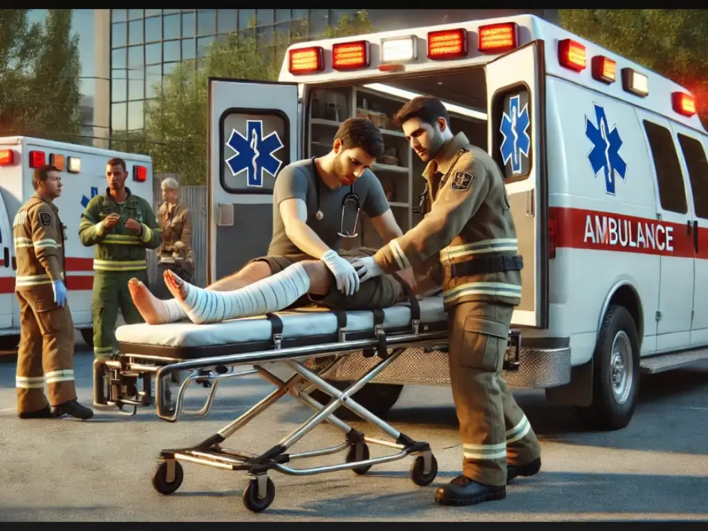 Парамедики допомагають пораненому перед швидкою допомогою
