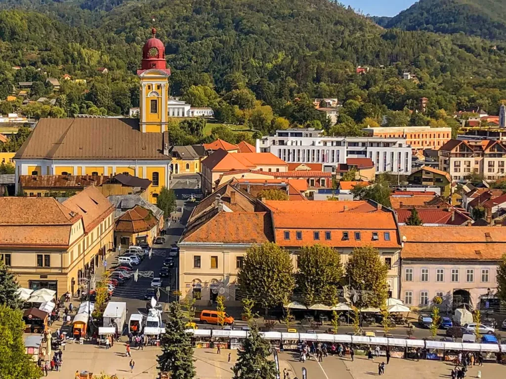 Панорама міста з черепичними дахами та горами