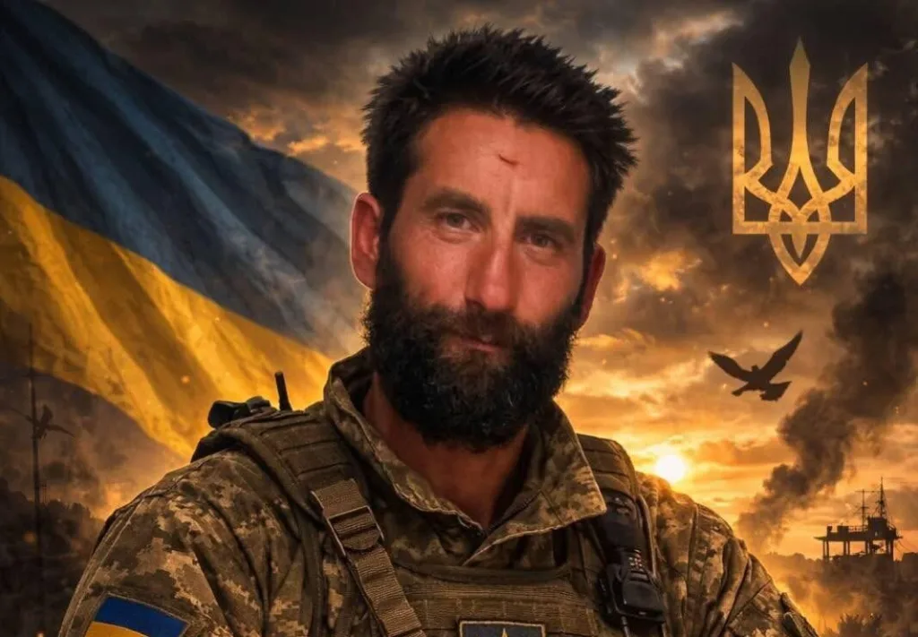 Український військовий на тлі прапора України