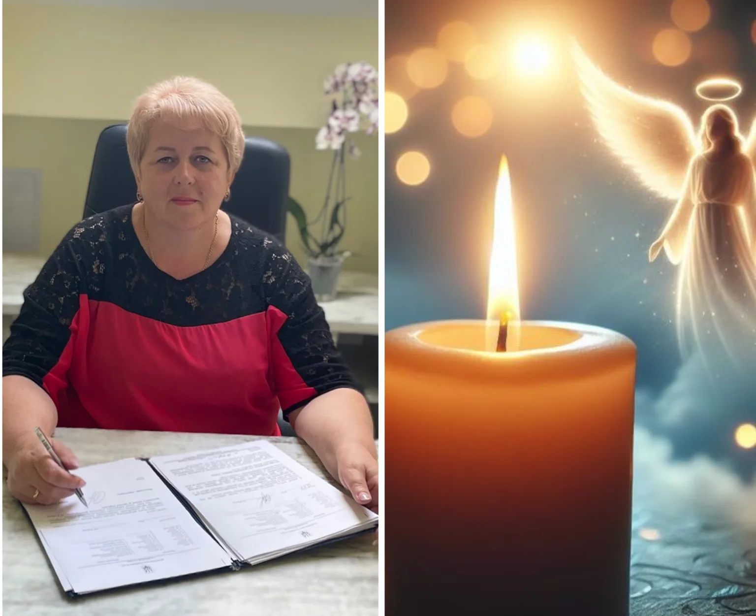 Жінка за столом і запалена свічка з ангелом