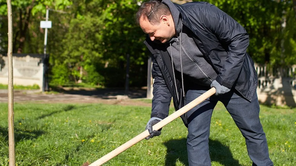 Чоловік саджає дерево у міському парку
