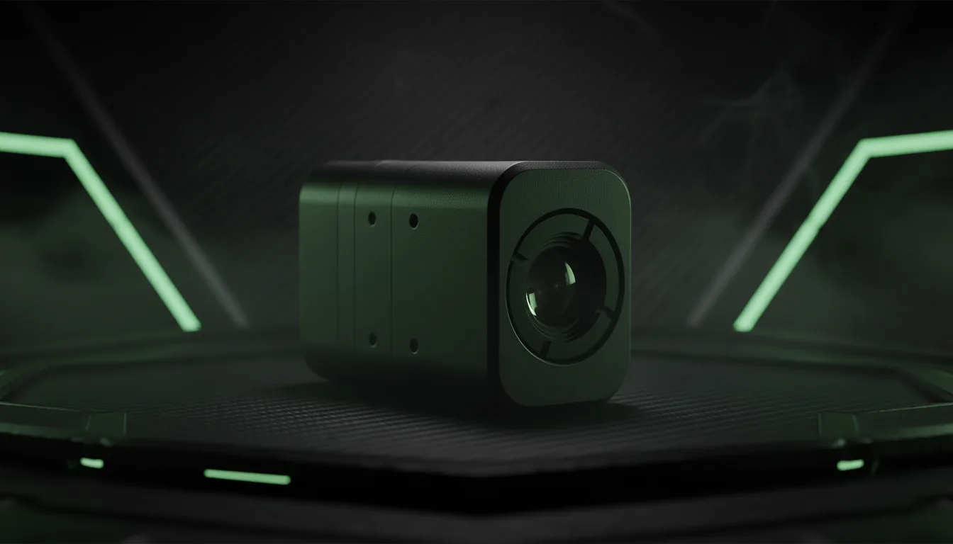 Сучасна чорна камера на футуристичному фоні