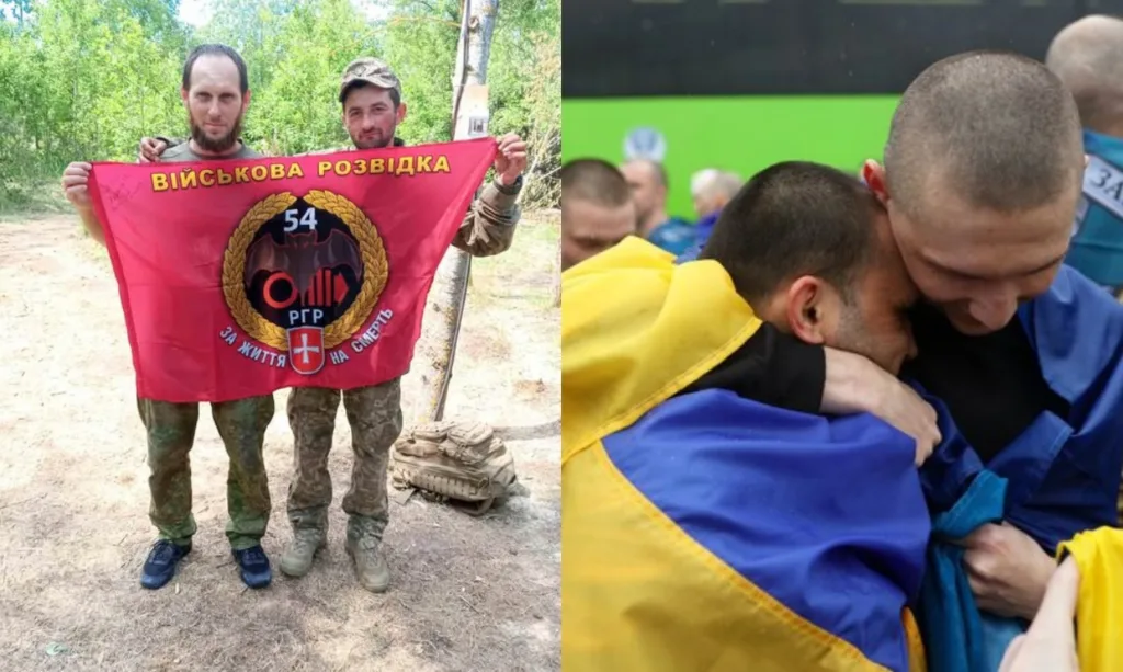 Українські військові з прапором та обіймами