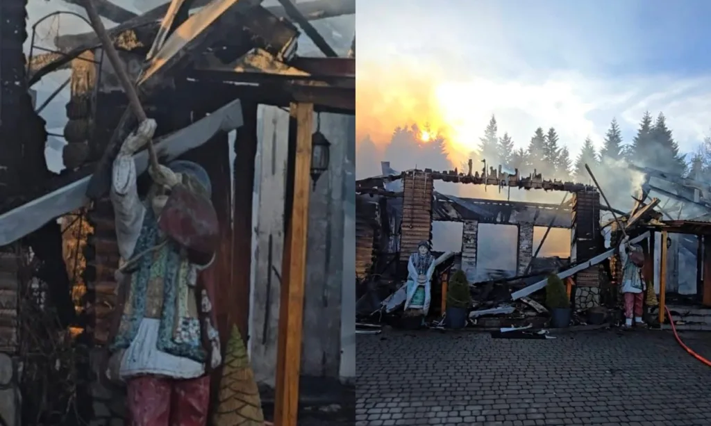 Пожежа у дерев'яній будівлі з димом і фігурами