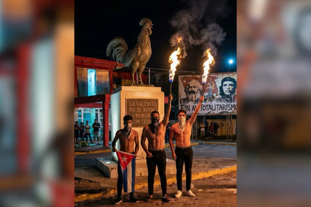 Протестувальники з факелами біля пам'ятника півню