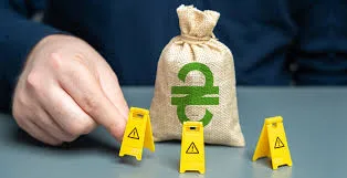 Мішок грошей із символом гривні та попередження