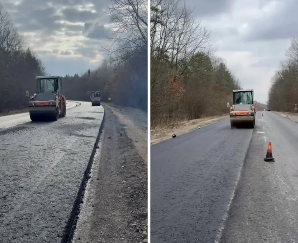 Укладання асфальту на заміській дорозі катками