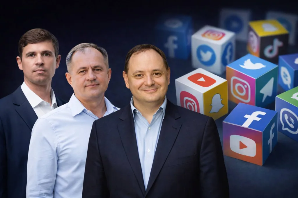 Троє чоловіків на фоні іконок соціальних мереж