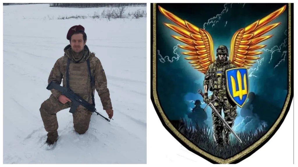 Український військовий на снігу та емблема десанту