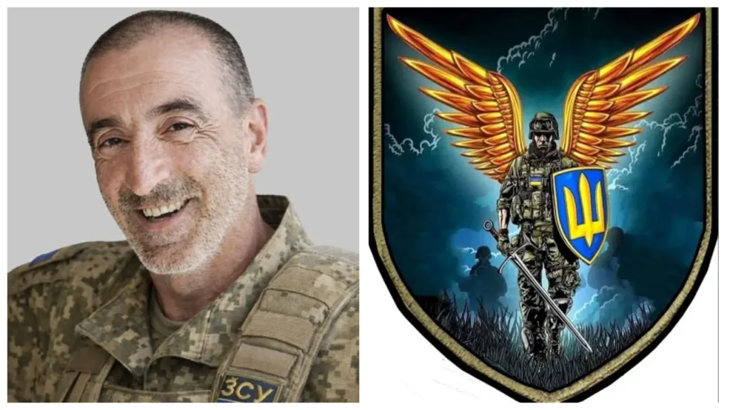 Український військовий та герб з крилатим воїном