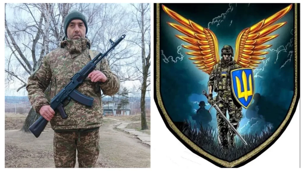 Український військовий та герб із солдатом і крилами