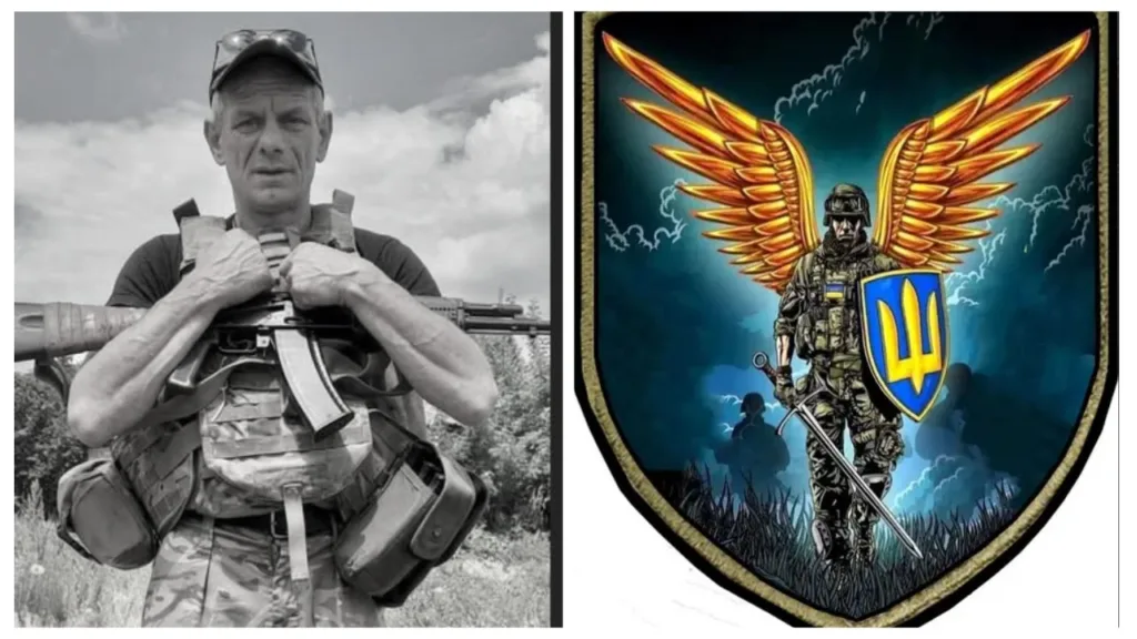 Український військовий і герб із крилатим солдатом