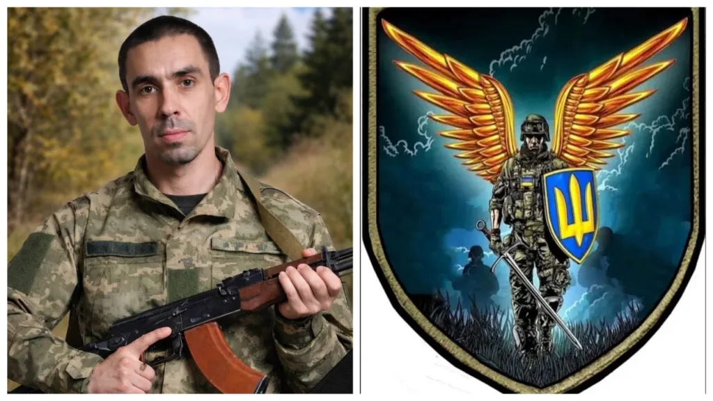 Український військовий та емблема з крилатим воїном