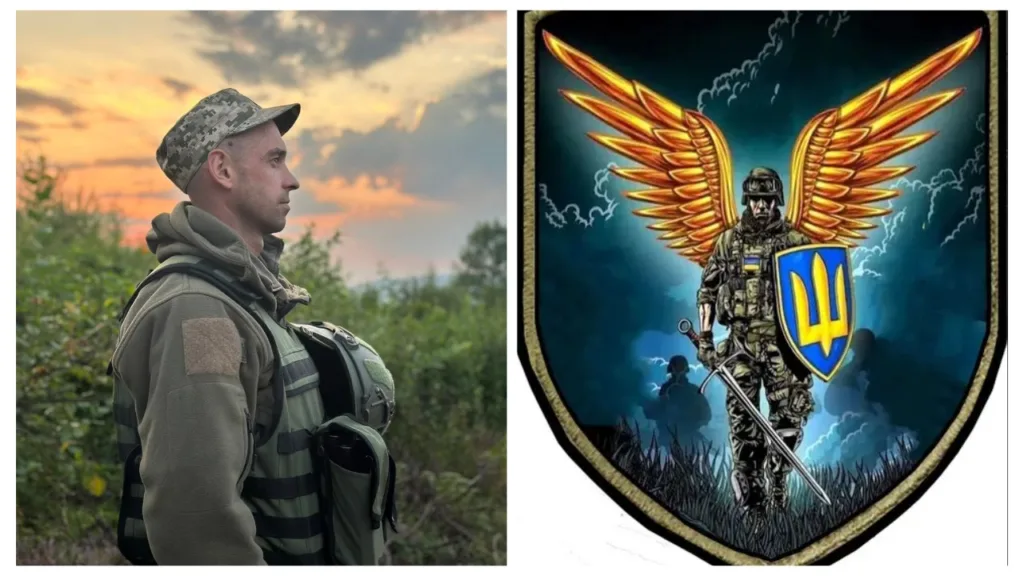 Український військовий та герб із воїном і крилами