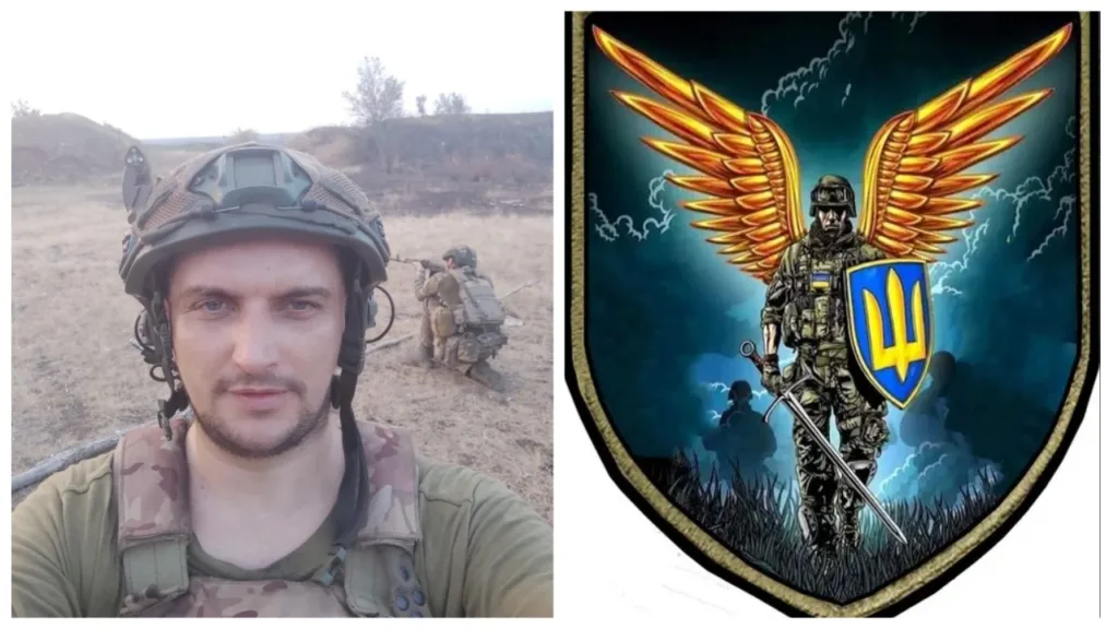 Український військовий та емблема з тризубом