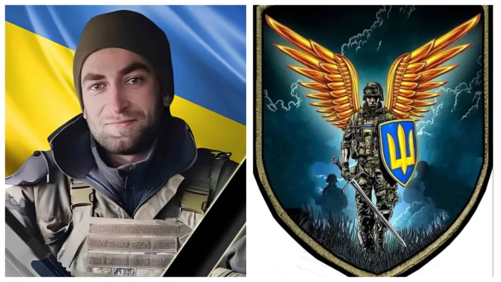 Український військовий та герб із золотими крилами