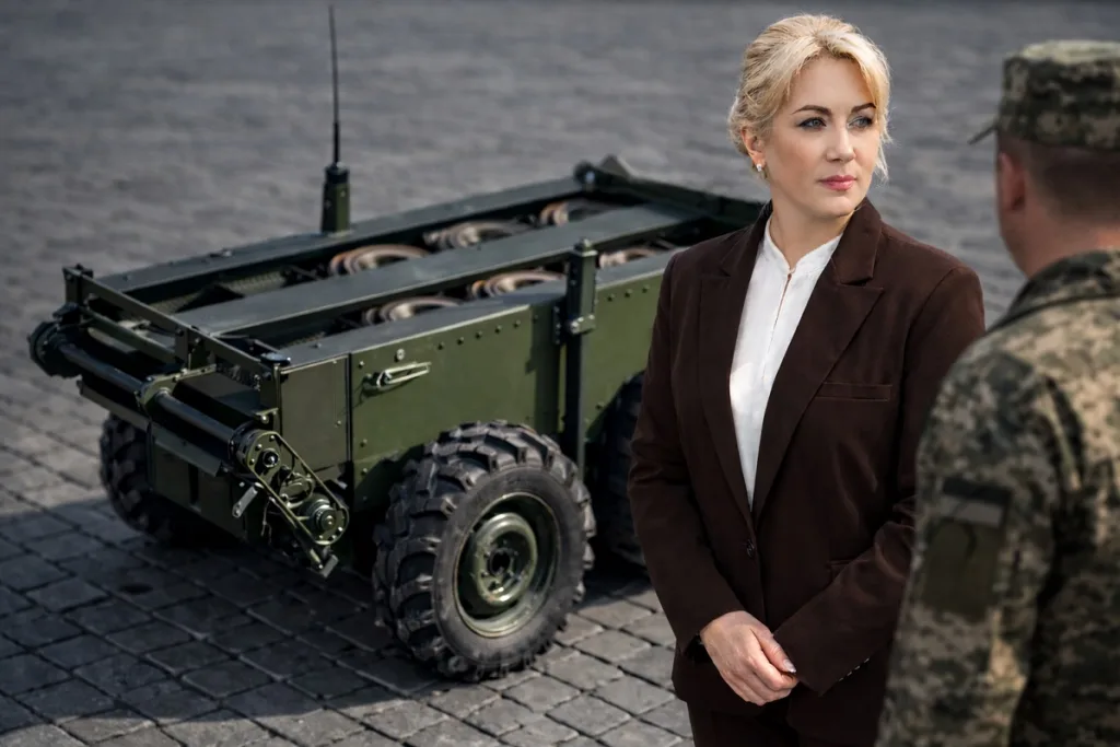 Жінка поруч із військовим і безпілотним наземним апаратом