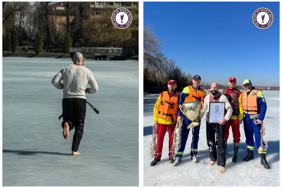 Чоловік біжить босоніж по льоду, отримує нагороду