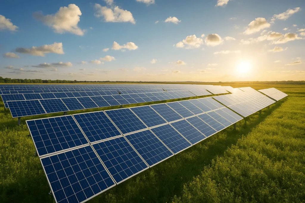 Сонячні панелі на полі під час заходу сонця